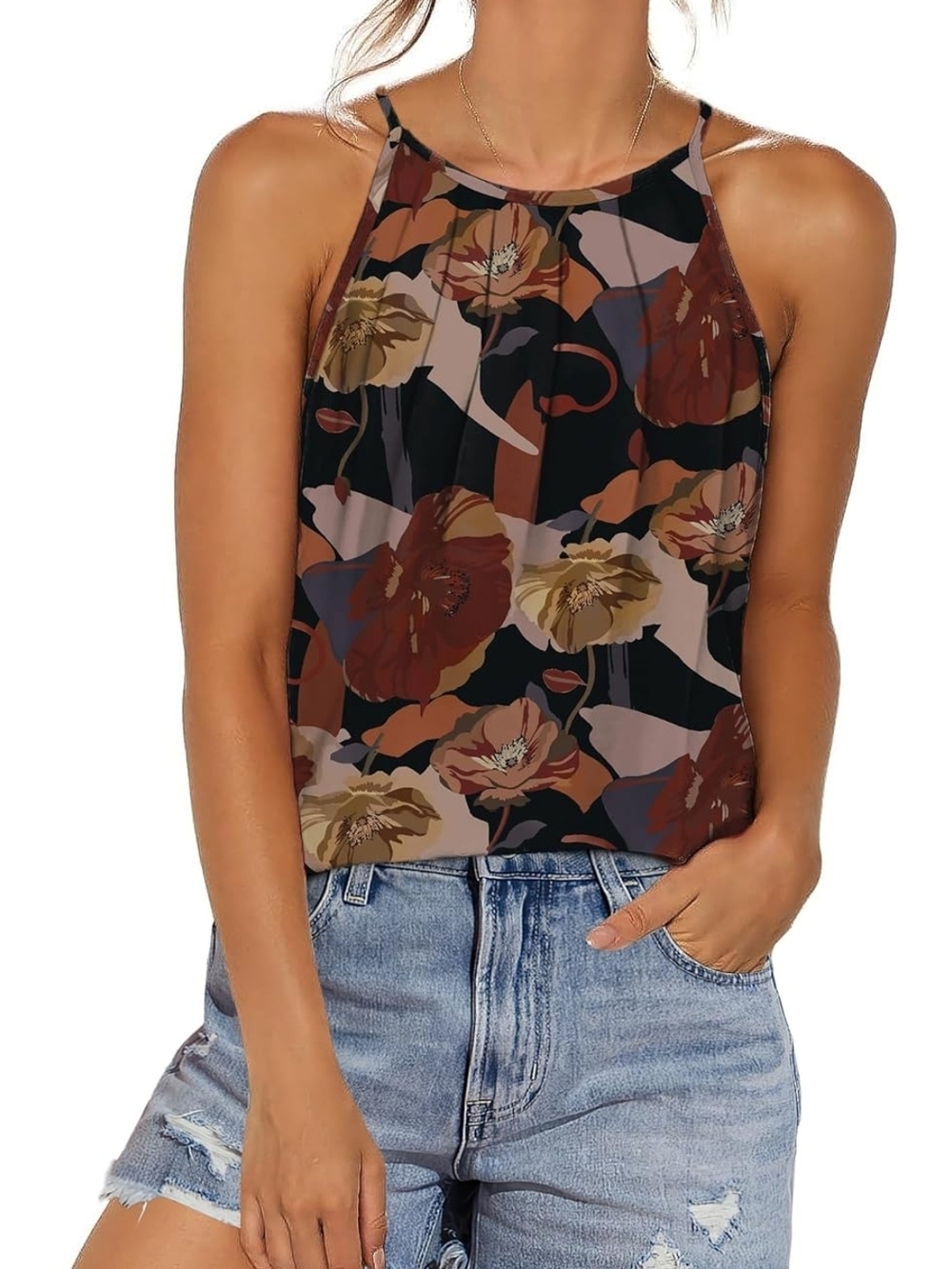 Floral Halter Cami Top in Brown Multicolor